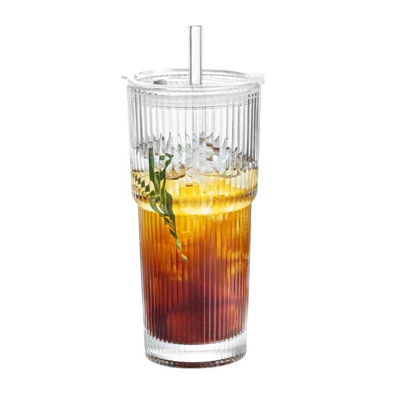 Puraville 20oz Glass Cup with Lid and Straw, Vintage Ribbed Glassware for Whiskey Cocktail Beer, Mason Jar Drinking Glasses Tumbler Iced Coffee Cup - Image 1