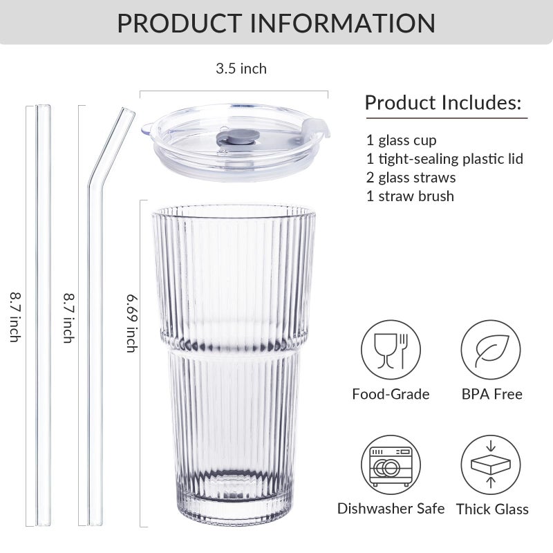 Puraville 20oz Glass Cup with Lid and Straw, Vintage Ribbed Glassware for Whiskey Cocktail Beer, Mason Jar Drinking Glasses Tumbler Iced Coffee Cup - Image 2