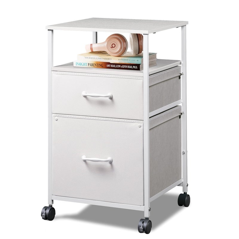 DEVAISE 2 Drawer Fabric Vertical Filing Cabinet Rolling Printer Stand White