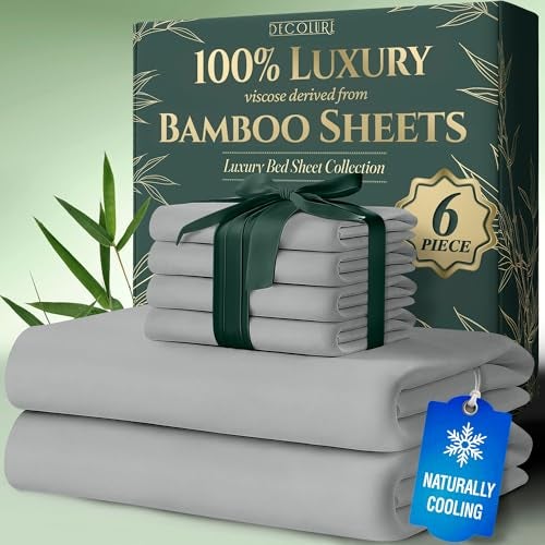 DECOLURE 100% Viscose Derived from Bamboo Sheets King Size 6pcs - Ultra Soft & Luxuriously Cooling, 17" Deep Pocket, Double Stitching, Perfect for Hot Sleepers - King Bed Sheets (Light Grey) - Image 1