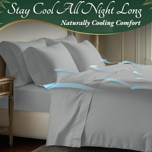 DECOLURE 100% Viscose Derived from Bamboo Sheets King Size 6pcs - Ultra Soft & Luxuriously Cooling, 17" Deep Pocket, Double Stitching, Perfect for Hot Sleepers - King Bed Sheets (Light Grey) - Image 4