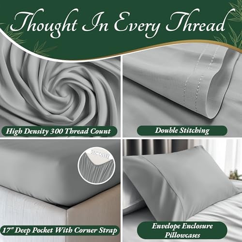 DECOLURE 100% Viscose Derived from Bamboo Sheets King Size 6pcs - Ultra Soft & Luxuriously Cooling, 17" Deep Pocket, Double Stitching, Perfect for Hot Sleepers - King Bed Sheets (Light Grey) - Image 3