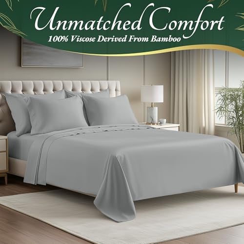 DECOLURE 100% Viscose Derived from Bamboo Sheets King Size 6pcs - Ultra Soft & Luxuriously Cooling, 17" Deep Pocket, Double Stitching, Perfect for Hot Sleepers - King Bed Sheets (Light Grey) - Image 2