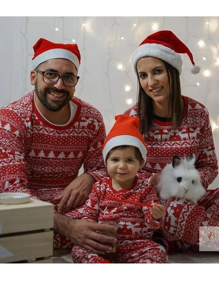 Matching Family Outfits Christmas Pajama Set – 4-Piece Festive Sleepwear for Father, Mother, Kid &amp; Baby | Red Elk Print Full Sleeve Holiday Outfit Set | Cozy Family Christmas Nightwear