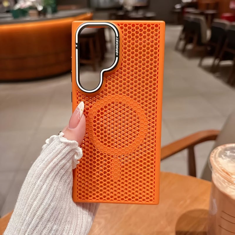 Phone Case For Samsung Galaxy S26 Ultra Hollow Heat Dissipation Metal Lens Bracket Magnetic Creative Vitality Orange - Image 3