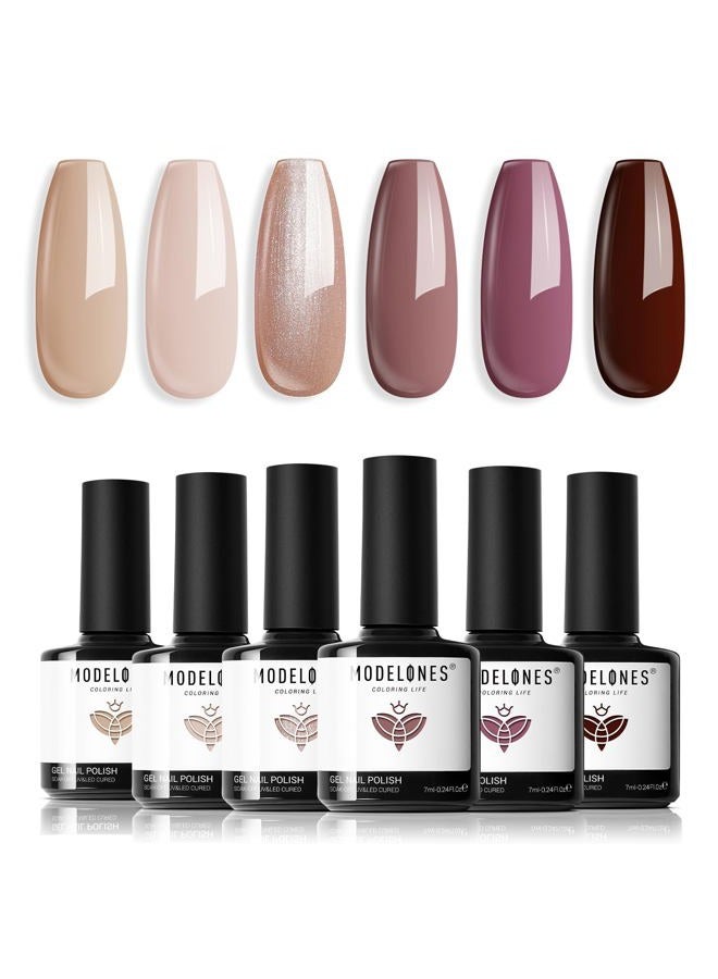 modelones Gel Nail Polish Set -6 Colors Nude Brown Gel Polish Kit Neutral Raspberries Purple Pearl Glitter Nail Polish Soak Off LED Starter Kit Manicure Nail Art Salon DIY Gift - Image 1