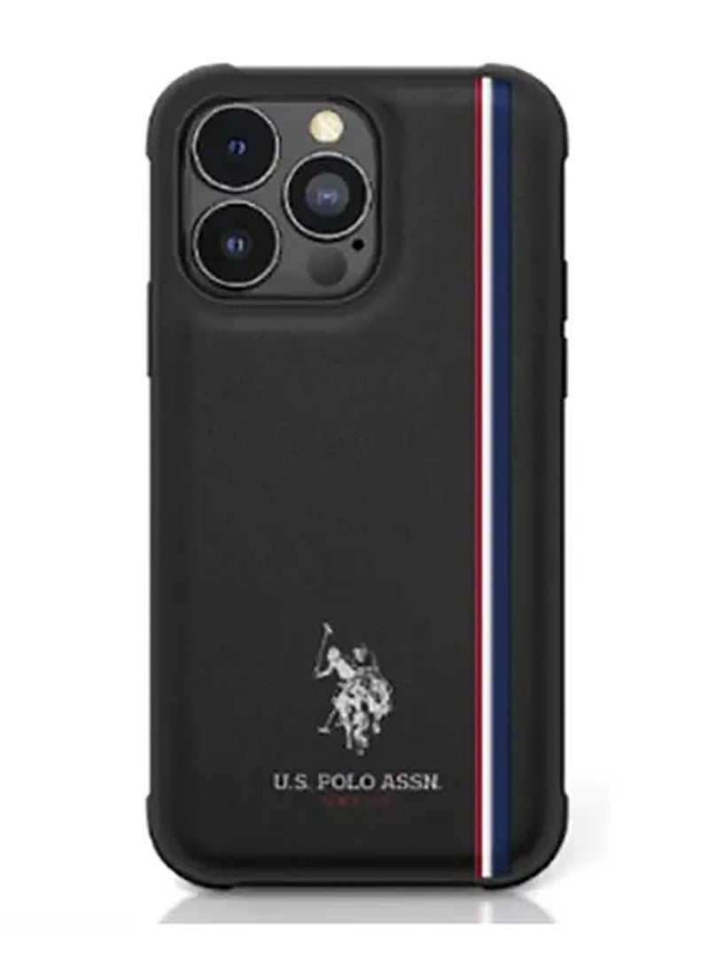 يو اس بولو حافظة هاتف iPhone 15 Pro من جلد البولي يوريثان مع خط DH ثلاثي الألوان - أسود - Image 1