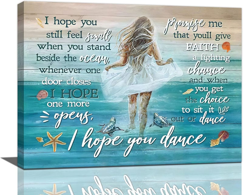 Tijuboni Beach Canvas Wall Art Ocean Coastal Shell Starfish White Dress Girl Wall Decor I Hope You Dance Pictures Painting Prints Coastal Theme Framed Artwork Decor for Bathroom Bedroom Living Room 12x16 - Image 1