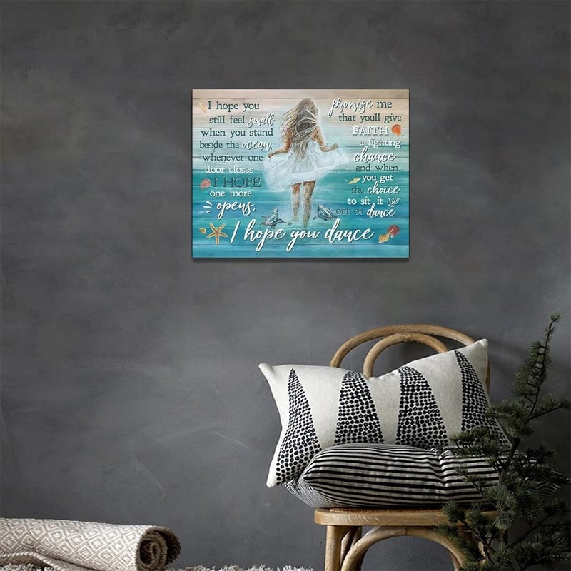 Tijuboni Beach Canvas Wall Art Ocean Coastal Shell Starfish White Dress Girl Wall Decor I Hope You Dance Pictures Painting Prints Coastal Theme Framed Artwork Decor for Bathroom Bedroom Living Room 12x16 - Image 3