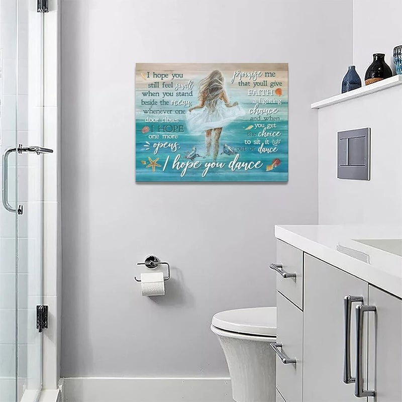 Tijuboni Beach Canvas Wall Art Ocean Coastal Shell Starfish White Dress Girl Wall Decor I Hope You Dance Pictures Painting Prints Coastal Theme Framed Artwork Decor for Bathroom Bedroom Living Room 12x16 - Image 2