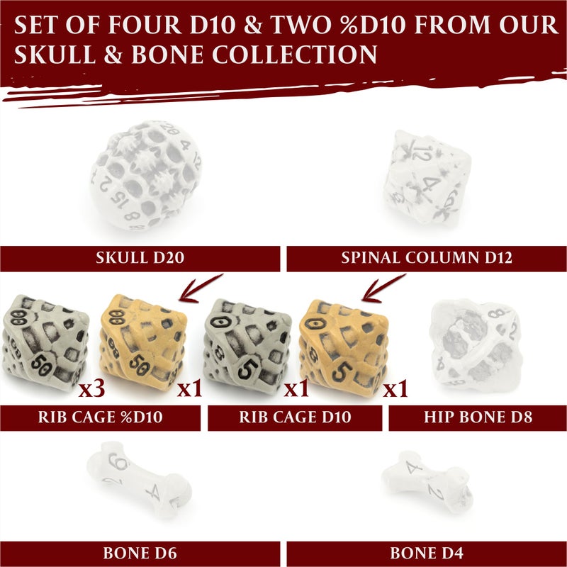 lynx D10 &%D10 Dice Set - Set of Six 10 Sided Dice - Four D10 & Two%D10 (D100) Skull & Bone Themed RPG Dice. Cool Unique Gift and Compatible with Dungeons & Dragons (DND), D&D, Pathfinder, D and D(Mixed) - Image 4