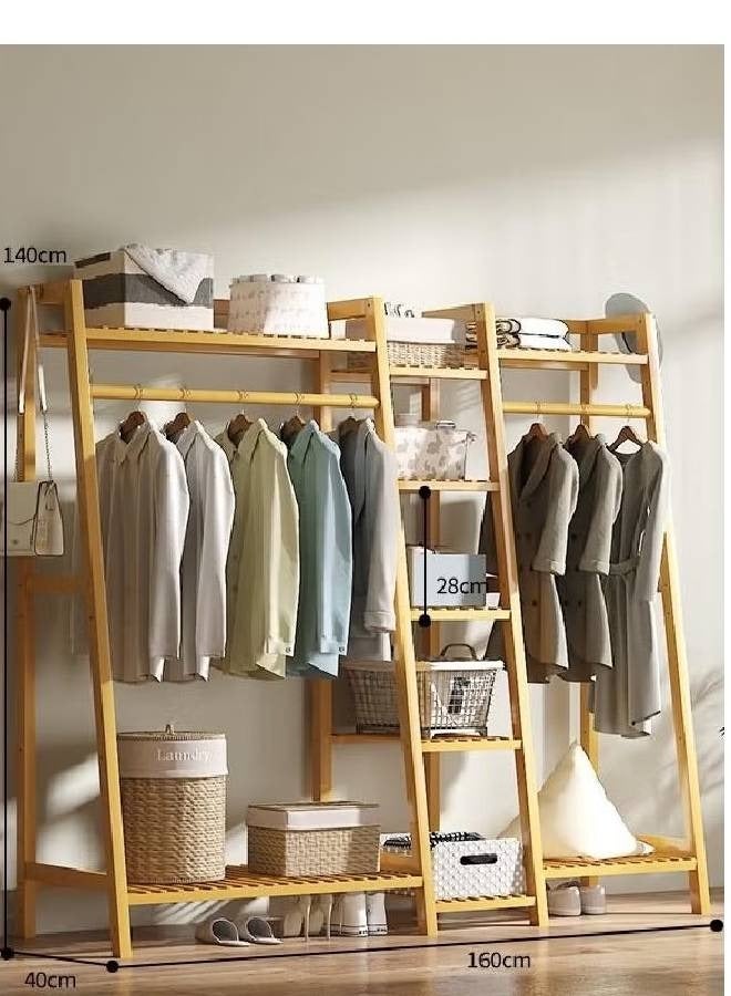 NKX 3 Tier Extra Wide Wooden Garment Rack with Shelves & Hanging Rods Open Closet Organizer for Bedroom Entryway or Laundry Room 160x140x40cm - Image 1