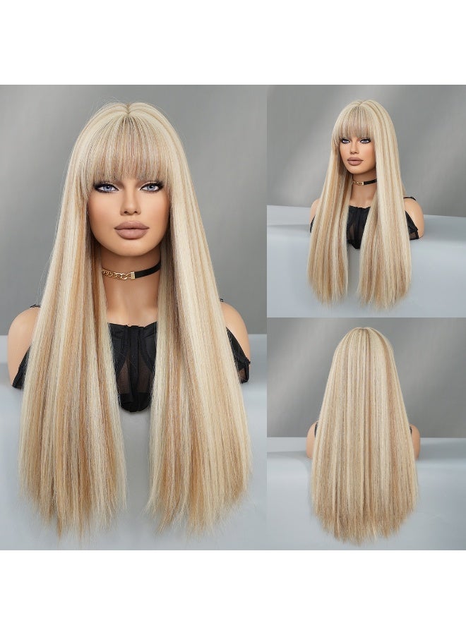 Loquat Fashion Brown Ombre Long Straight Wig for Women Light brown pick beige_68cm 26.77Inch
