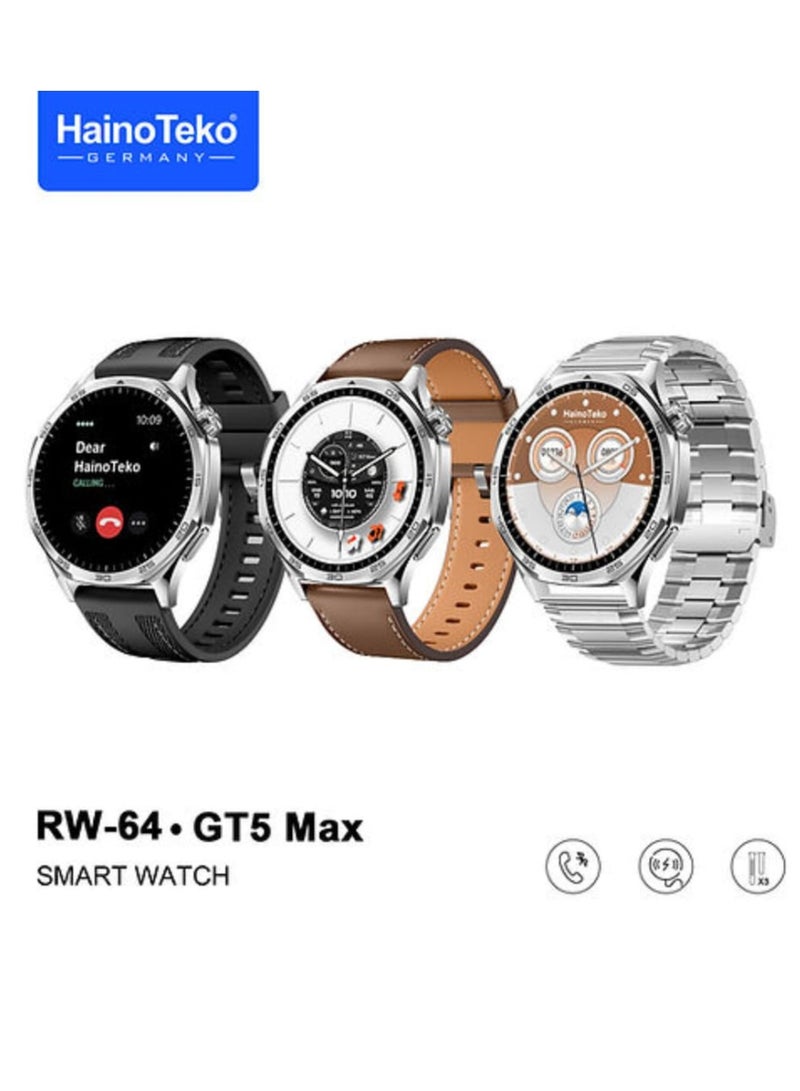 Haino Teko Smart Watch GT5 Max Round Screen AMOLED Display with 3 Pair Straps and Wireless Charger Multicolour - Image 1