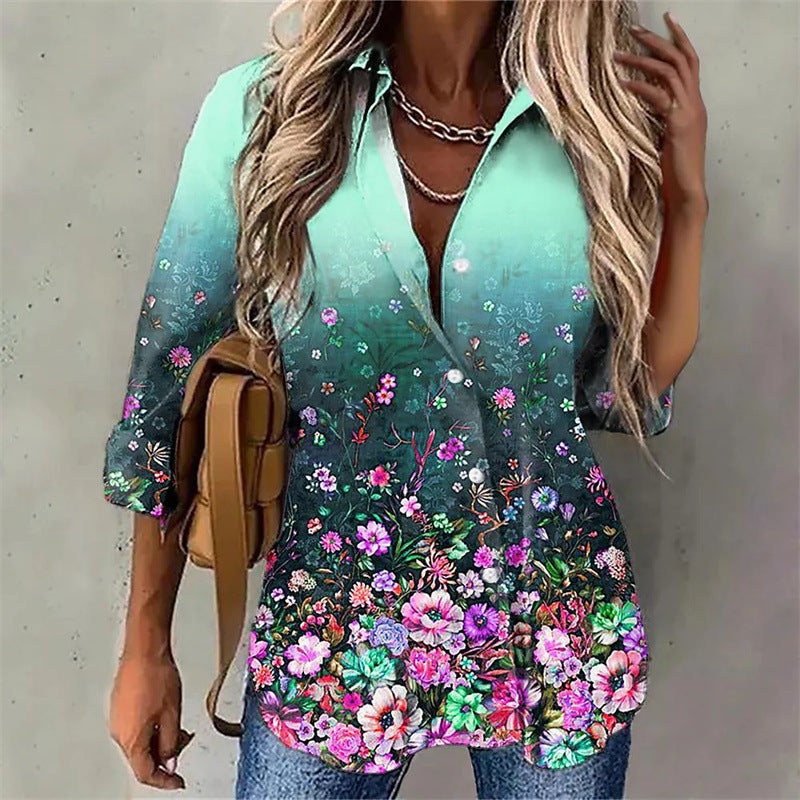 بلوزة نسائية واسعة بطبعة زهور بأكمام طويلة - Image 2