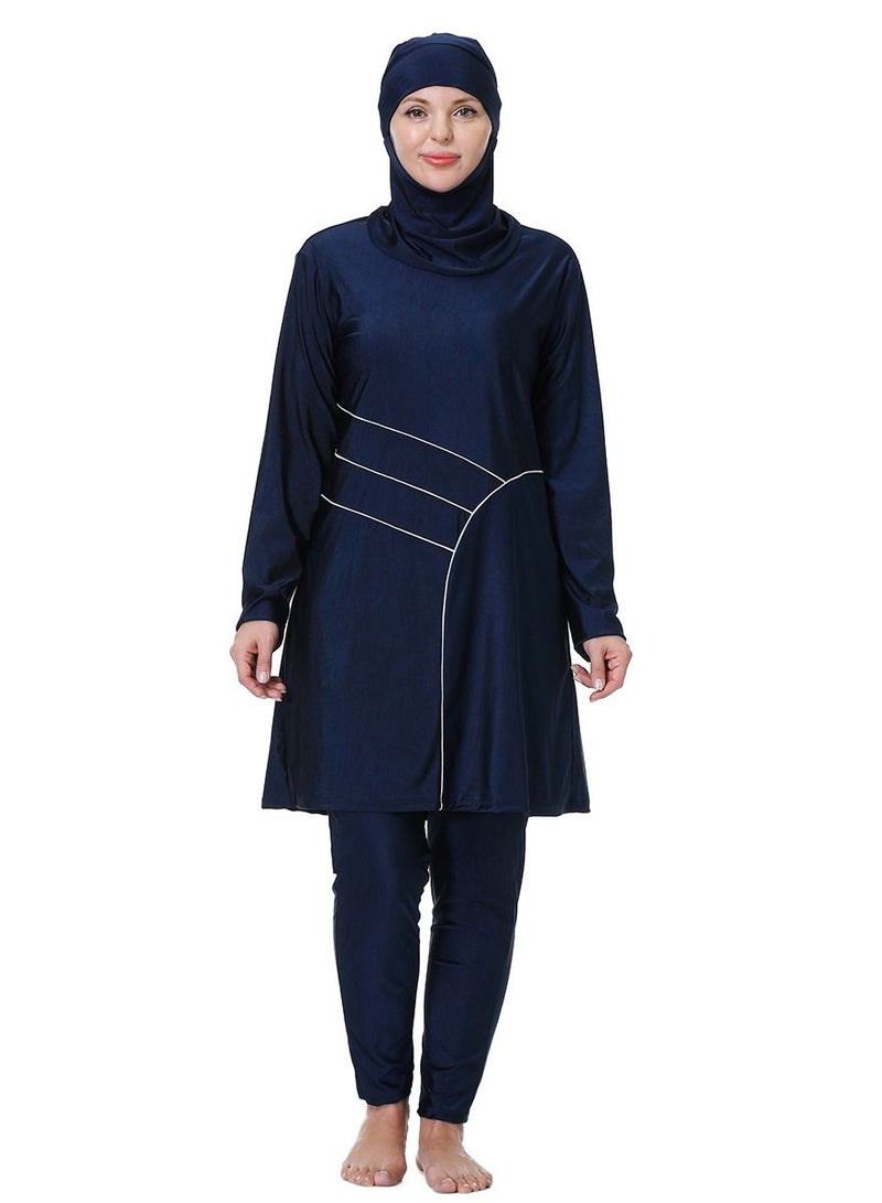 Loquat Large Size Highly Elastic Swimwear Set Womens Conservative Style Long Sleeve Burkini Swimsuit Set Navy Blue  - Image 1