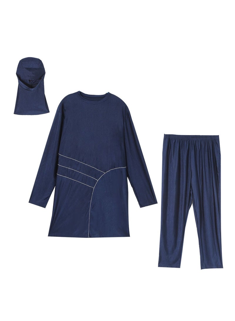 Loquat Large Size Highly Elastic Swimwear Set Womens Conservative Style Long Sleeve Burkini Swimsuit Set Navy Blue  - Image 2