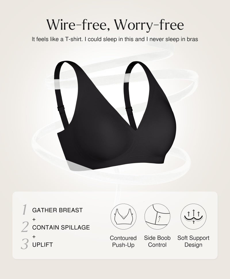 Popilush Wireless Bras for Women No Underwire Seamless Push Up Bra with Support and Lift Comfy Bralettes Jelly Deep V Comfortable Tshirt Bra Black - Image 4