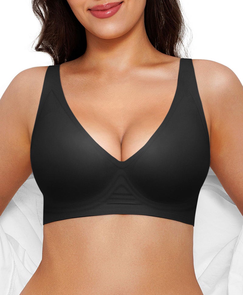 Popilush Wireless Bras for Women No Underwire Seamless Push Up Bra with Support and Lift Comfy Bralettes Jelly Deep V Comfortable Tshirt Bra Black - Image 1