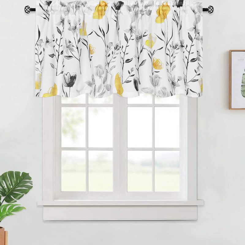 VERTKREA VERTKREA Valance Curtain Yellow Flower Watercolor Valance for Window Yellow Gray Floral Kitchen Curtains Yellow White Rod Pocket Window Treatment Valance for Bathroom Basement 52 x 18 Inches 