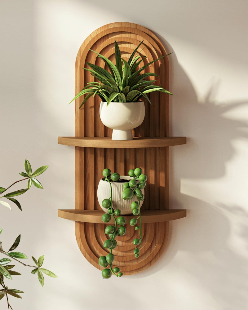 Bamworld Boho Wall Decor Brown Plant Wall Shelf, Mid Century Modern Decor Hanging Plant Shelf, 2-Tier Wooden Floating Shelves for Home, Bathroom Bedroom Living Room, Office Holding Planter Decoration - Image 1
