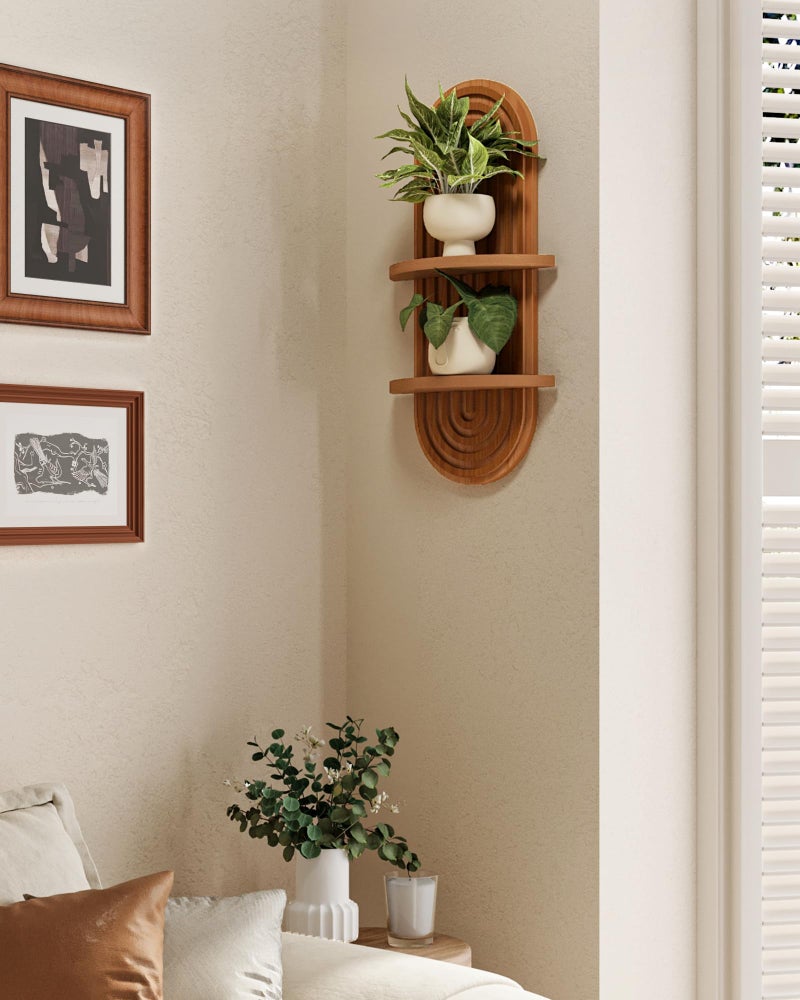 Bamworld Boho Wall Decor Brown Plant Wall Shelf, Mid Century Modern Decor Hanging Plant Shelf, 2-Tier Wooden Floating Shelves for Home, Bathroom Bedroom Living Room, Office Holding Planter Decoration - Image 5