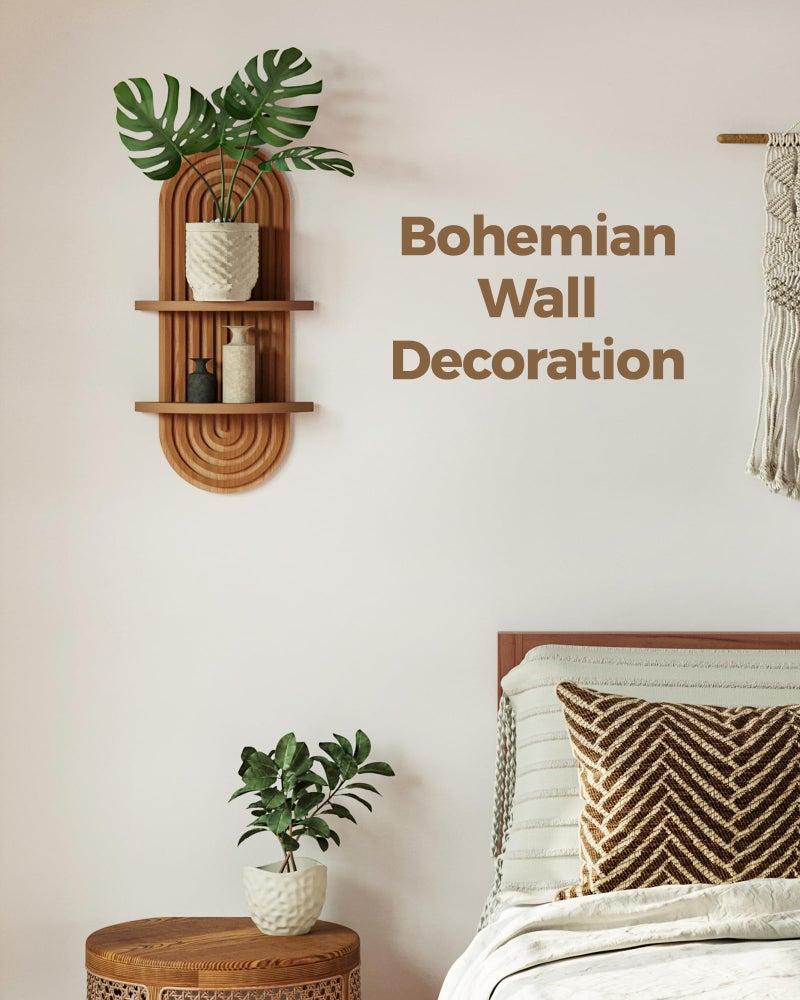 Bamworld Boho Wall Decor Brown Plant Wall Shelf, Mid Century Modern Decor Hanging Plant Shelf, 2-Tier Wooden Floating Shelves for Home, Bathroom Bedroom Living Room, Office Holding Planter Decoration - Image 3