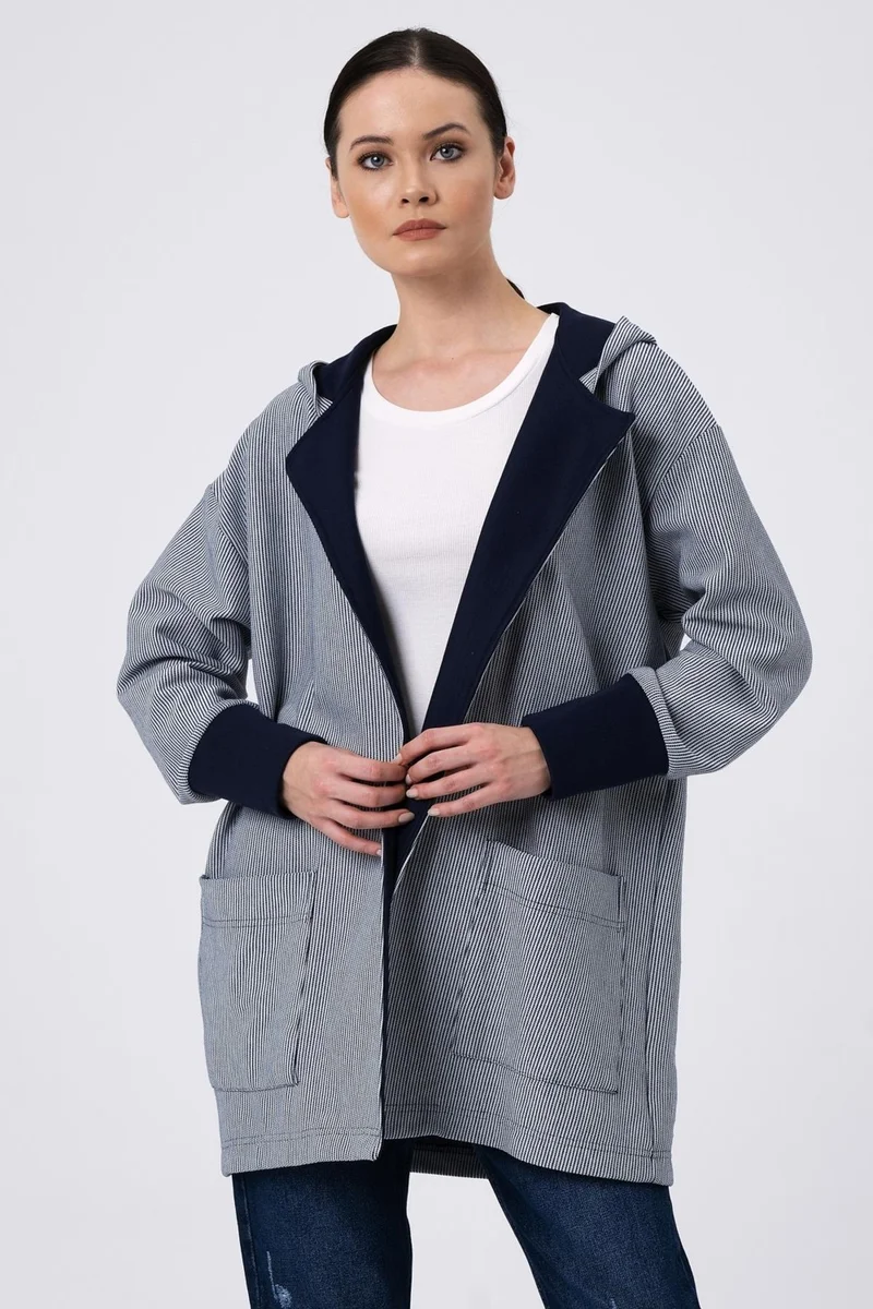 الكسندر جاردي Hooded Striped Cardigan Navy-White (B22-37701-WN)