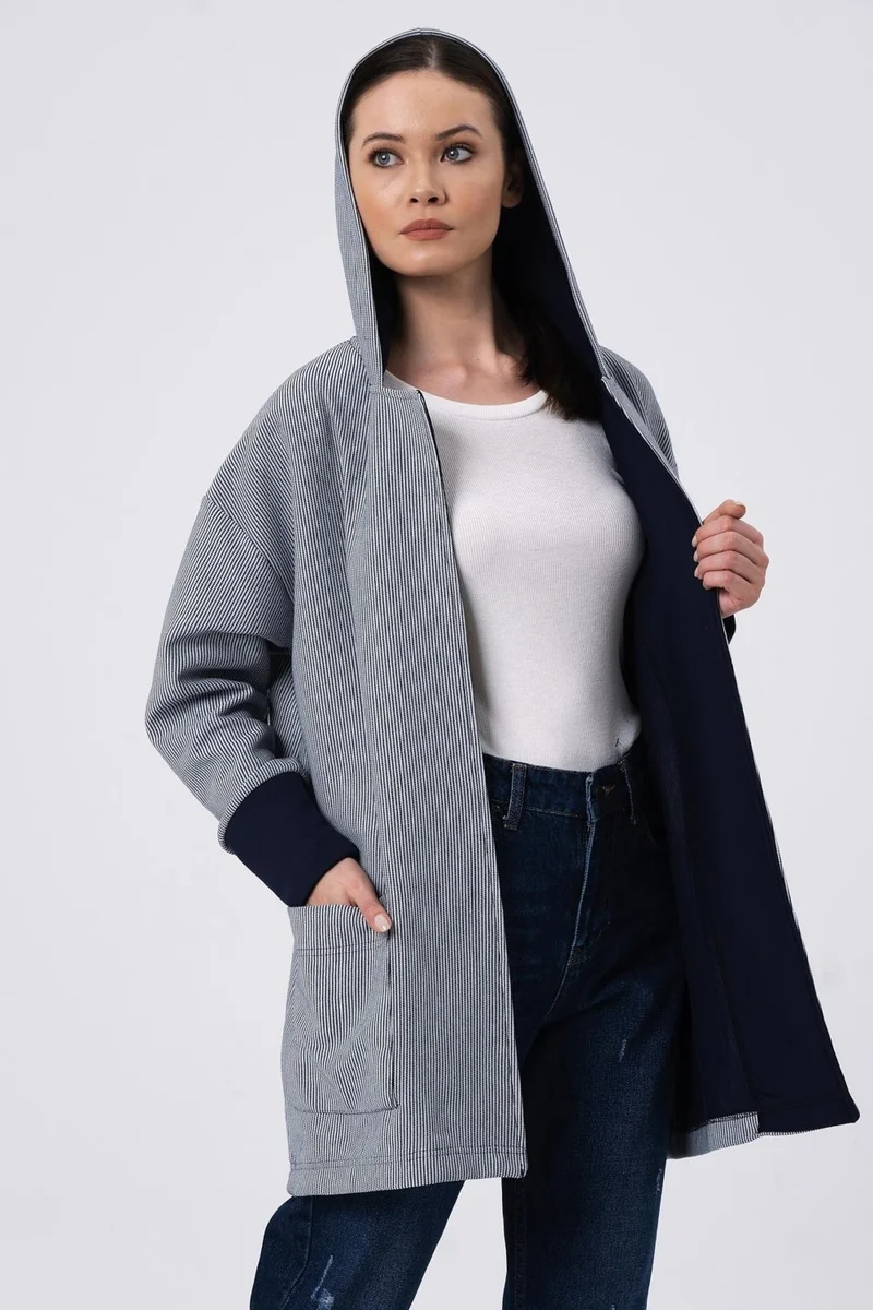 الكسندر جاردي Hooded Striped Cardigan Navy-White (B22-37701-WN)