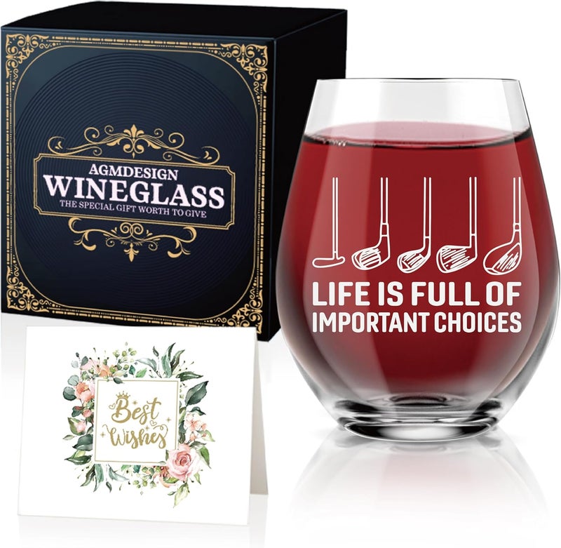 AGMDESIGN Life is Full of Important Choices Funny Wine Glass with Gift Box, Golf Accessories for Men and Women, Christmas Birthday Retirement Gifts for Grandparents Dad Mom Wife Golf Lovers - Image 1