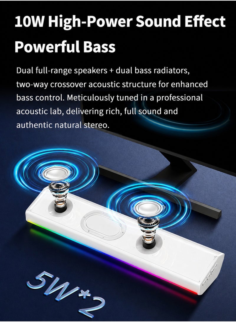 Pxnest Gaming Soundbar Desktop Speaker, 10W Stereo Bluetooth Speaker with RGB Lights, USB Plug & Play, Built-in Battery, TF Card Support(white) - Image 4