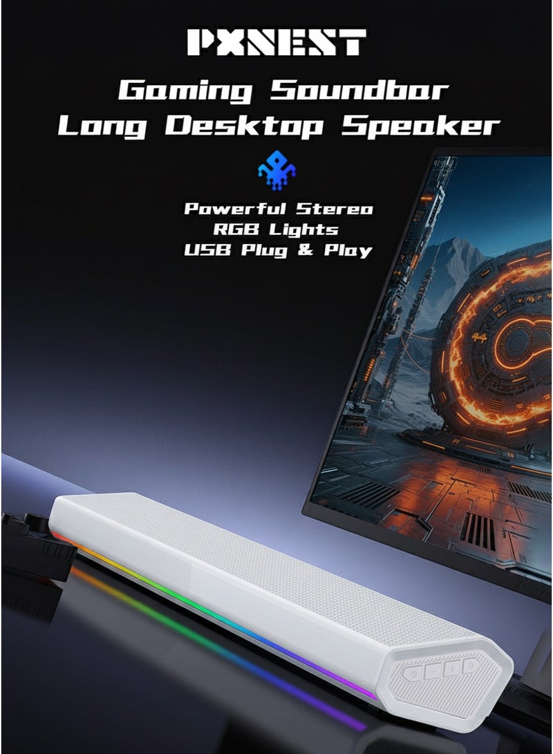Pxnest Gaming Soundbar Desktop Speaker, 10W Stereo Bluetooth Speaker with RGB Lights, USB Plug & Play, Built-in Battery, TF Card Support(white) - Image 2