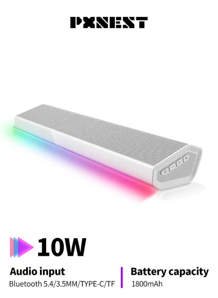 Pxnest Gaming Soundbar Desktop Speaker, 10W Stereo Bluetooth Speaker with RGB Lights, USB Plug & Play, Built-in Battery, TF Card Support(white) - Image 1