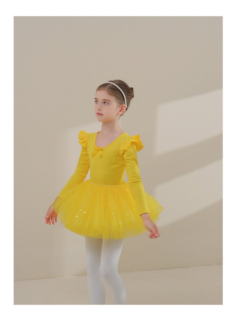 Loquat Squality Children's Dance Dress Pure Cotton Autumn And Winter Long Sleeve Tutu Yellow  - Image 1