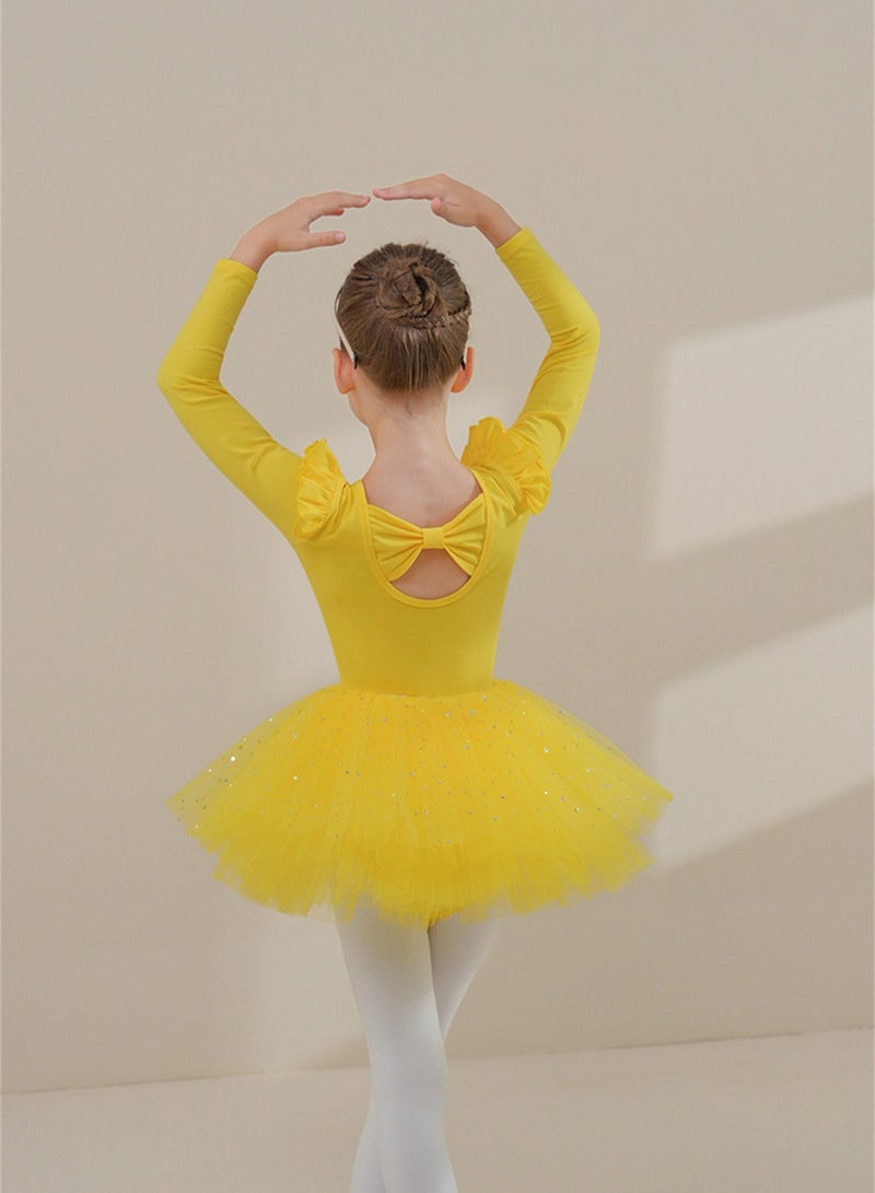 Loquat Squality Children's Dance Dress Pure Cotton Autumn And Winter Long Sleeve Tutu Yellow  - Image 2
