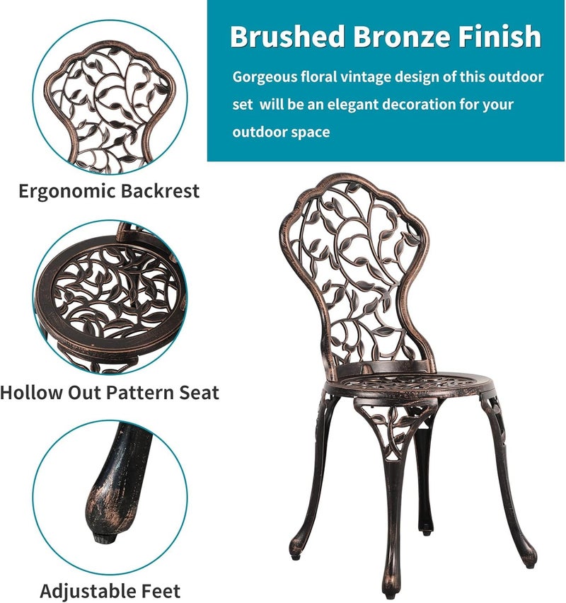 Creative Decorative Cast Aluminium Garden Chair for Garden Patio Balcony Poolside Floral Vine Pattern Black Finish Outdoor Bistro Seating Pack of 2 - Image 5