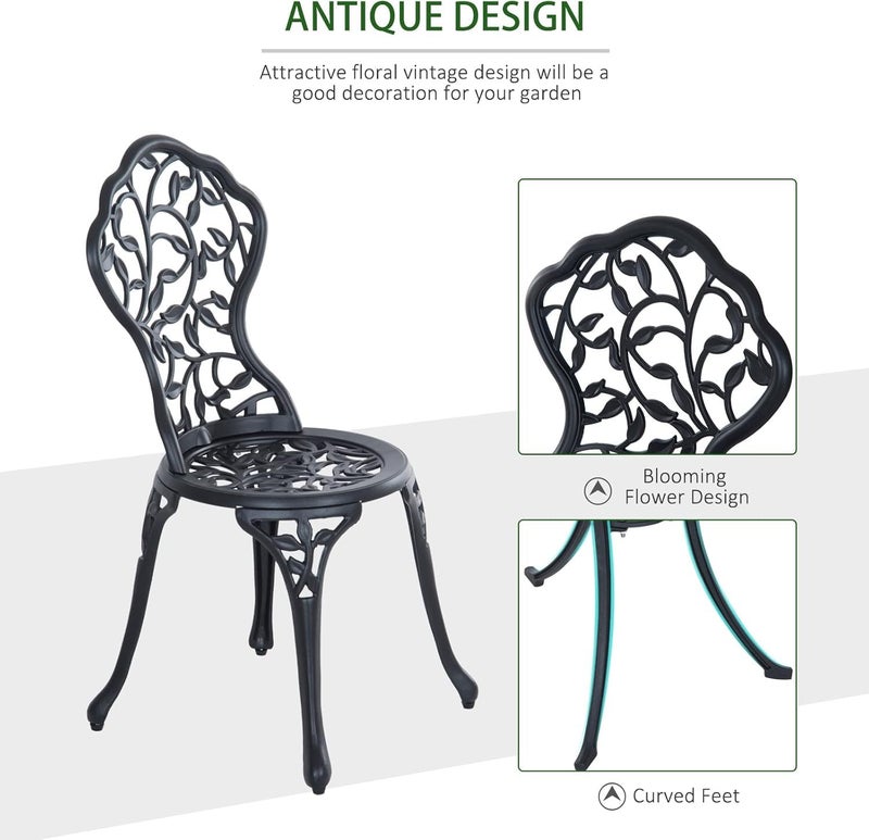 Creative Decorative Cast Aluminium Garden Chair for Garden Patio Balcony Poolside Floral Vine Pattern Black Finish Outdoor Bistro Seating Pack of 2 - Image 2