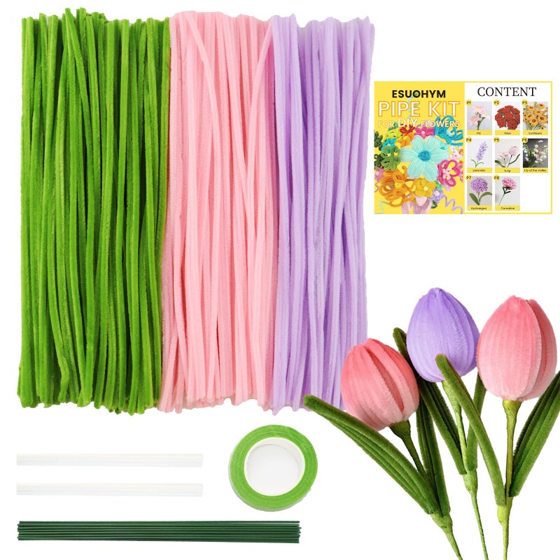 ESUOHYM Pipe Cleaners Craft Flower Kit Bulk Thick Chenille Stems Fluffy Fuzzy Sticks Pack Pipe Craft Kits with Instructions, Floral Stem, Floral Tape, Hot Glue Sticks Arts and Craft Supplies Tulip - Image 1