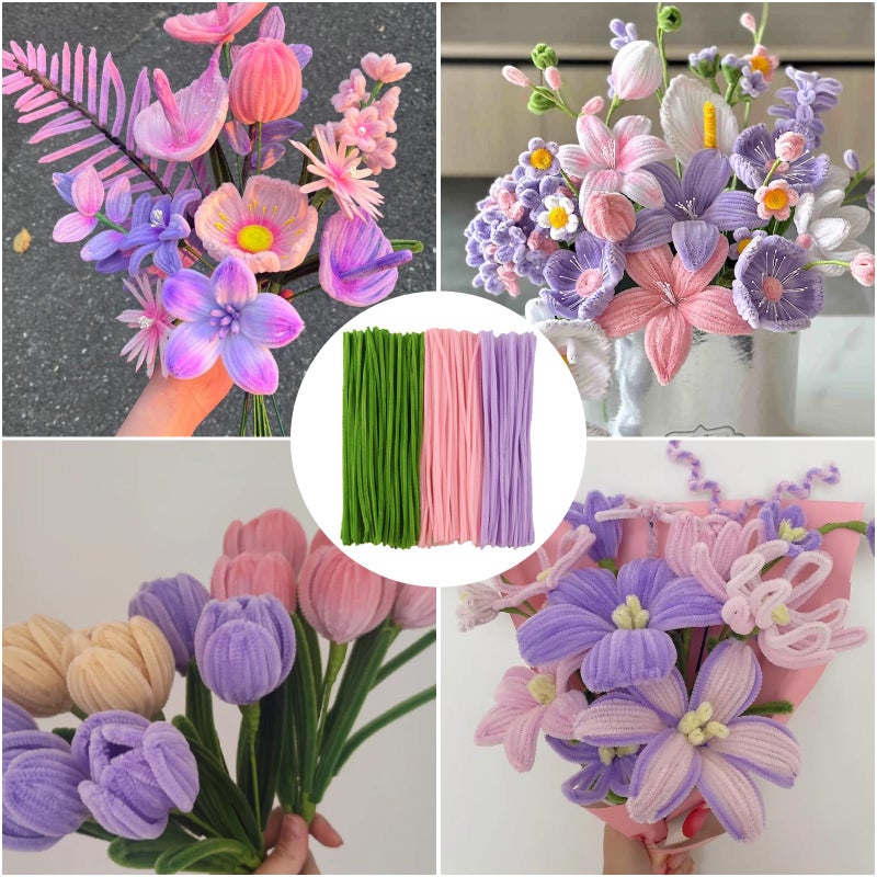 ESUOHYM Pipe Cleaners Craft Flower Kit Bulk Thick Chenille Stems Fluffy Fuzzy Sticks Pack Pipe Craft Kits with Instructions, Floral Stem, Floral Tape, Hot Glue Sticks Arts and Craft Supplies Tulip - Image 3