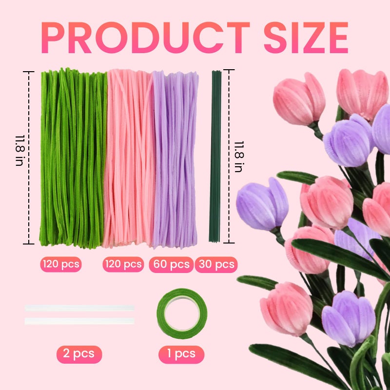 ESUOHYM Pipe Cleaners Craft Flower Kit Bulk Thick Chenille Stems Fluffy Fuzzy Sticks Pack Pipe Craft Kits with Instructions, Floral Stem, Floral Tape, Hot Glue Sticks Arts and Craft Supplies Tulip - Image 2