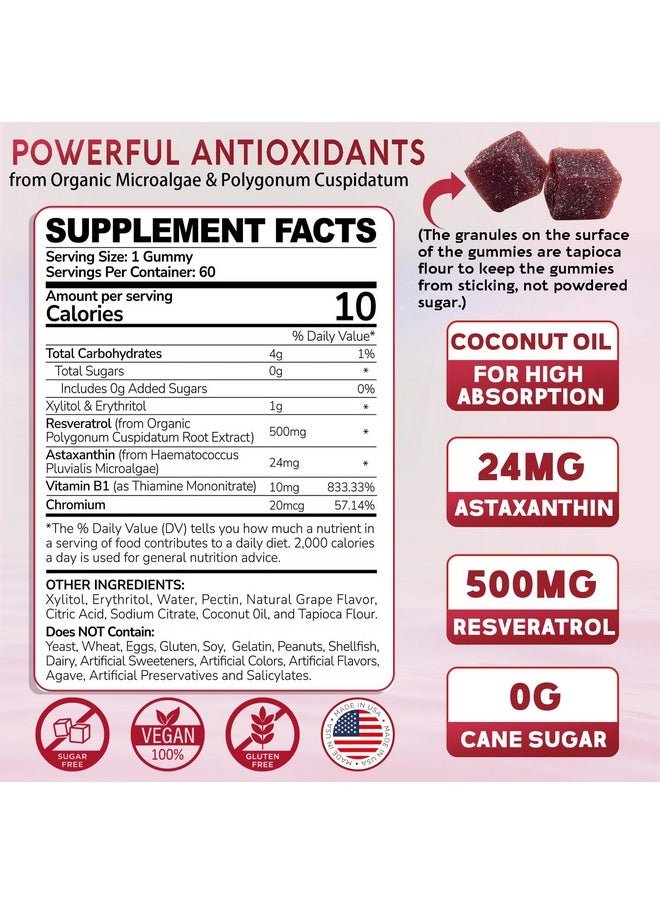 EnvyDeal - Sugar-Free Astaxanthin 24mg Gummies with Resveratrol 500mg, Powerful Antioxidants Supplement w/ Vitamin B1, Coconut Oil - Healthy Aging, Skin, Eye, Joint, Immune - Vegan, Non-GMO, 60 Count, Grape FLA - Image 1