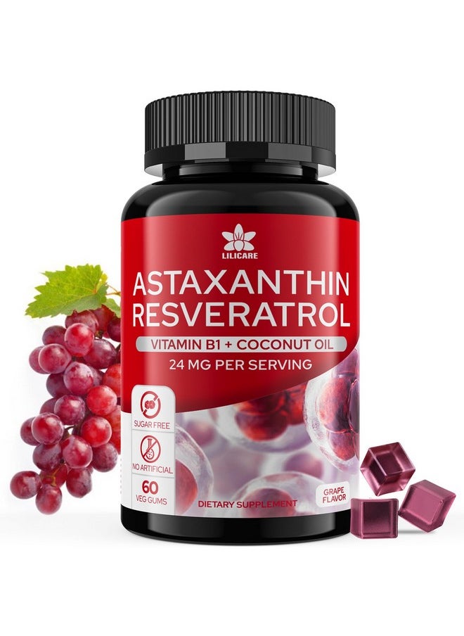 EnvyDeal - Sugar-Free Astaxanthin 24mg Gummies with Resveratrol 500mg, Powerful Antioxidants Supplement w/ Vitamin B1, Coconut Oil - Healthy Aging, Skin, Eye, Joint, Immune - Vegan, Non-GMO, 60 Count, Grape FLA - Image 1