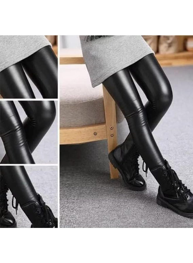Girls Winter Leggings - Girls' Lycra Disco Leather Pants - Black Padded - Image 3