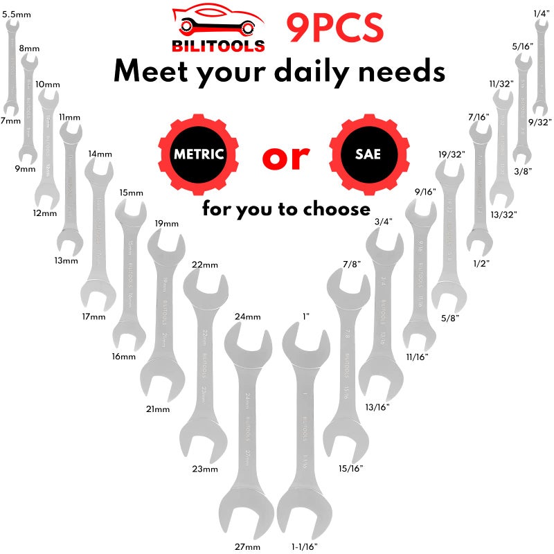 BILITOOLS مجموعة مفاتيح بيلتولز فائقة النحافة، 9 قطع، مجموعة مفاتيح مفتوحة مترية، تشمل 5.5، 7، 8، 9، 10، 11، 12، 13، 14، 15، 16، 17، 19، 21، 22، 23، 24، 27 مم، مجموعة مفاتيح مسطحة فائقة النحافة مع صندوق تخزين - Image 2