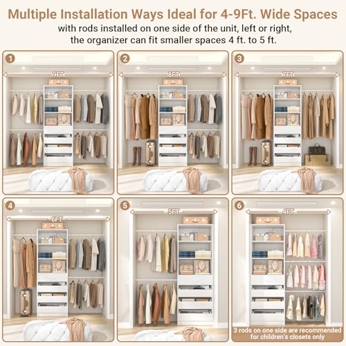 Aheaplus Closet System, 4-9Ft Closet Organizer with 4 Wooden Drawers, Wood Closet Organizer System with Tower, Walk-in Closet Organizer Wardrobe Clothes Rack with 4 Hanging Rods, Garment Rack, White - Image 4