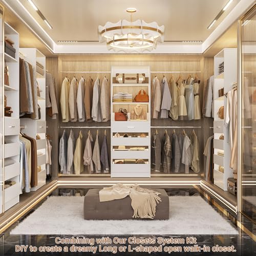 Aheaplus Closet System, 4-9Ft Closet Organizer with 4 Wooden Drawers, Wood Closet Organizer System with Tower, Walk-in Closet Organizer Wardrobe Clothes Rack with 4 Hanging Rods, Garment Rack, White - Image 5