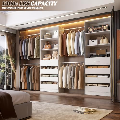 Aheaplus Closet System, 4-9Ft Closet Organizer with 4 Wooden Drawers, Wood Closet Organizer System with Tower, Walk-in Closet Organizer Wardrobe Clothes Rack with 4 Hanging Rods, Garment Rack, White - Image 2