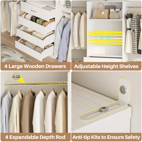 Aheaplus Closet System, 4-9Ft Closet Organizer with 4 Wooden Drawers, Wood Closet Organizer System with Tower, Walk-in Closet Organizer Wardrobe Clothes Rack with 4 Hanging Rods, Garment Rack, White - Image 3