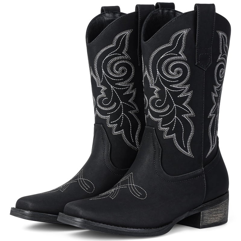Pasuot Western Cowboy Boots for Women - Black Square Toe Mid Calf Cowgirl Boots, Low Chunky Heel Country Boot with Classic Retro Embroidery Pull On for Ladies Rodeo Festival Concert US 8 - Image 1