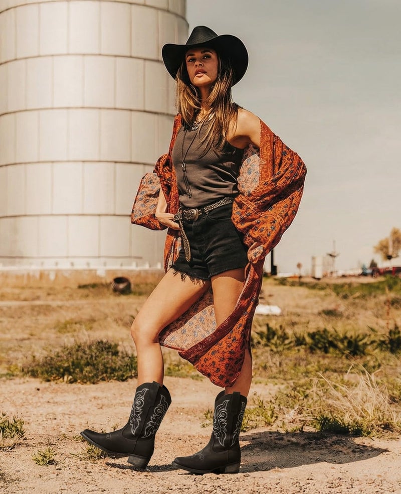 Pasuot Western Cowboy Boots for Women - Black Square Toe Mid Calf Cowgirl Boots, Low Chunky Heel Country Boot with Classic Retro Embroidery Pull On for Ladies Rodeo Festival Concert US 8 - Image 2